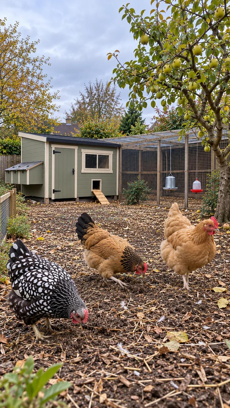 Drie kippen scharrelen op kale grond.