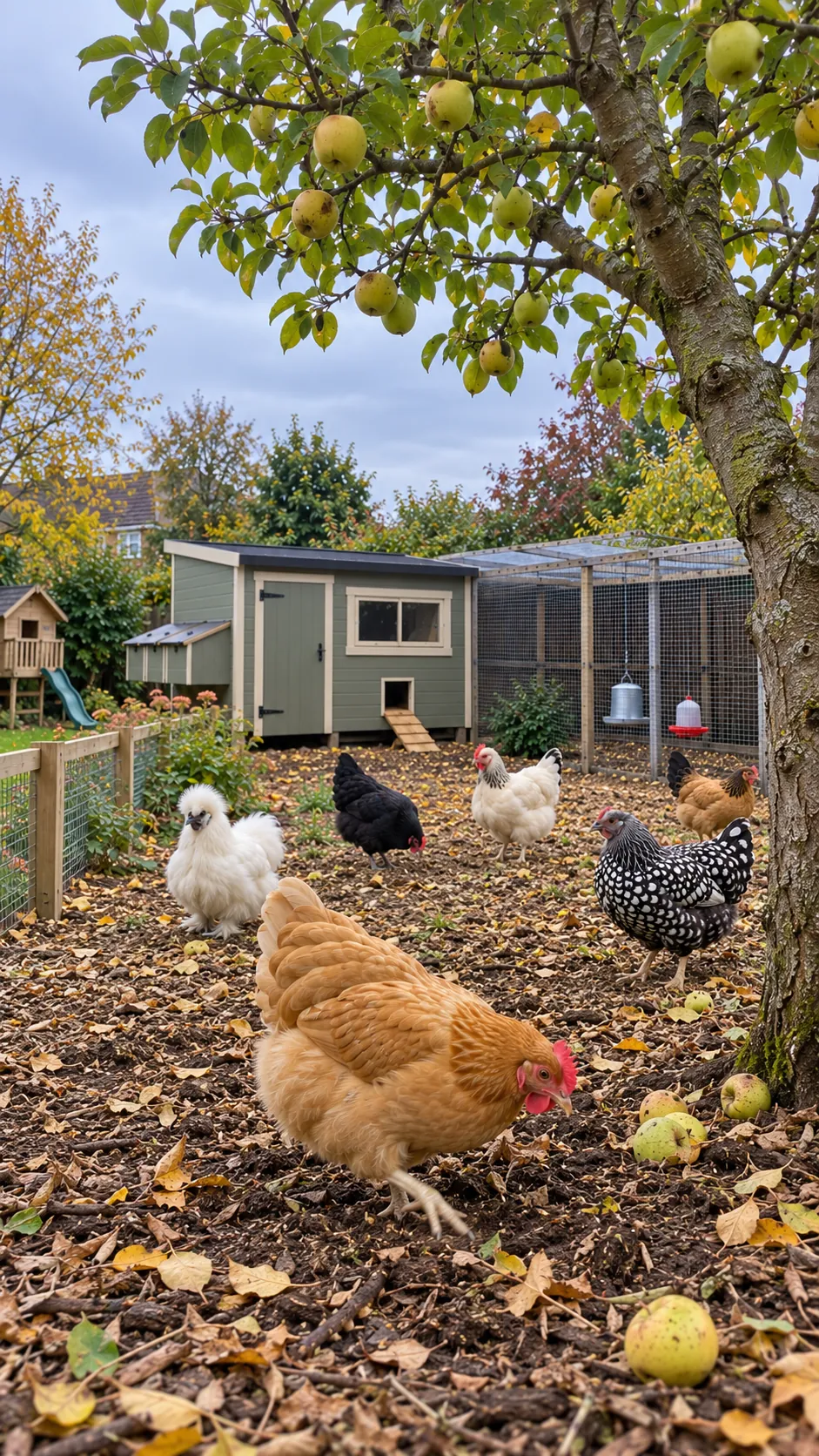 Zes kippen scharrelen in de ren onder de appelboom.