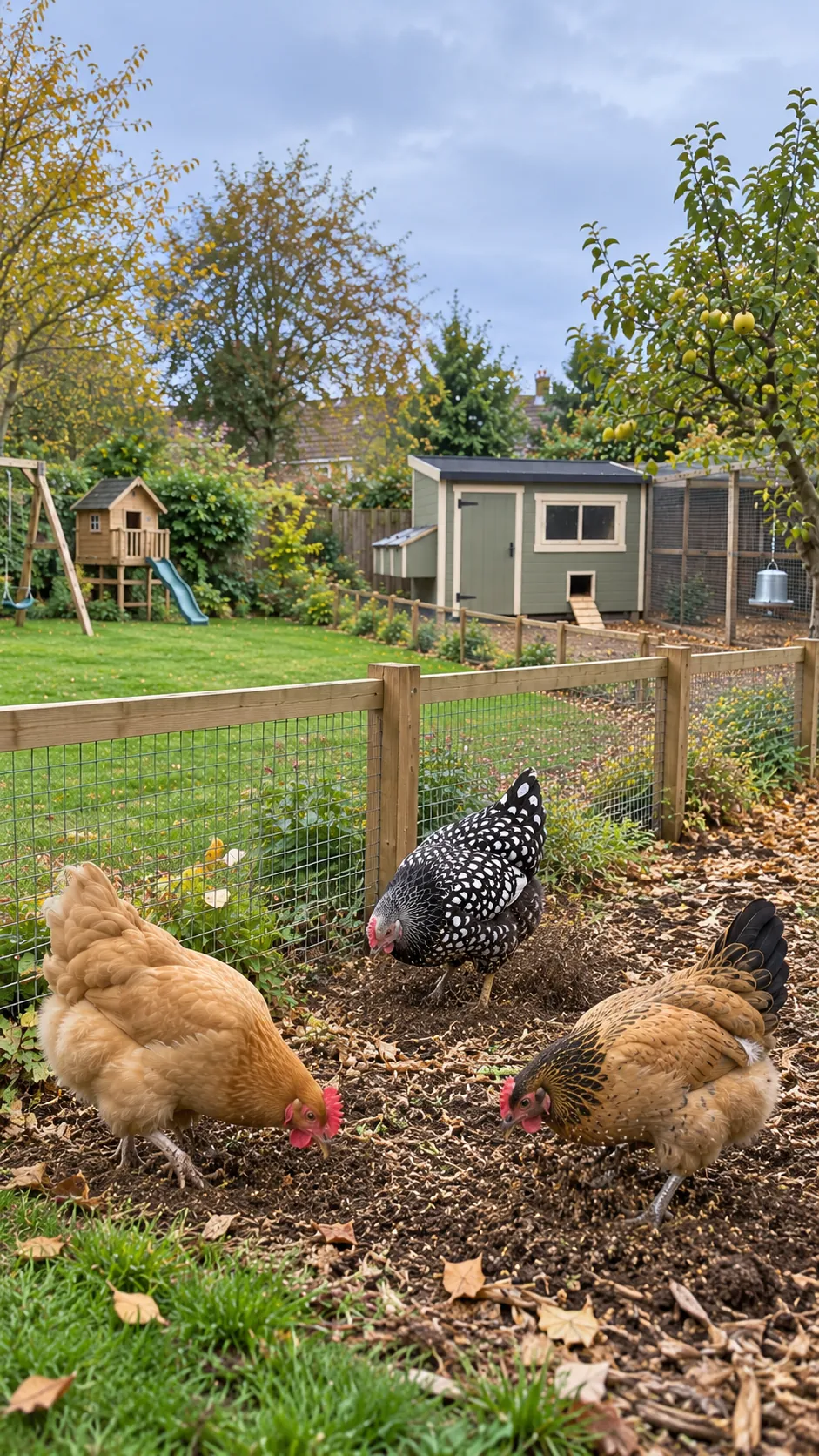 Drie kippen scharrelen in de ren, met hok en tuin op de achtergrond.